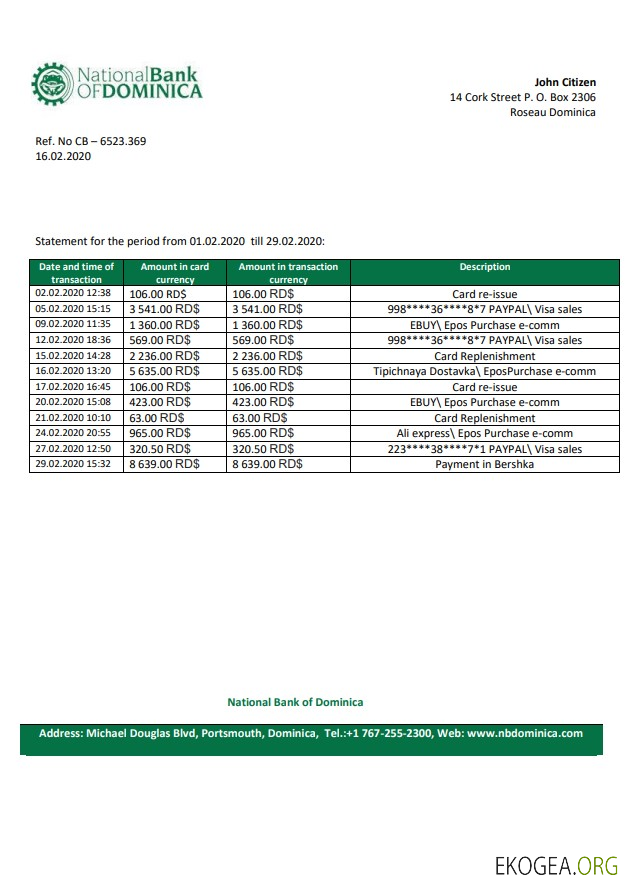 Relevé bancaire de la Banque nationale de la Dominique de la Dominique